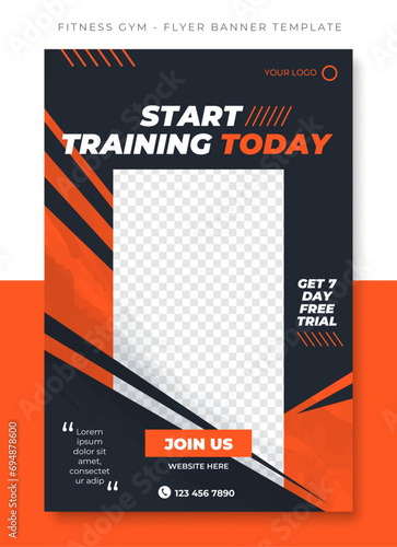 Fitness Gym Sport black orange flyer poster banner template design, event promotion vector