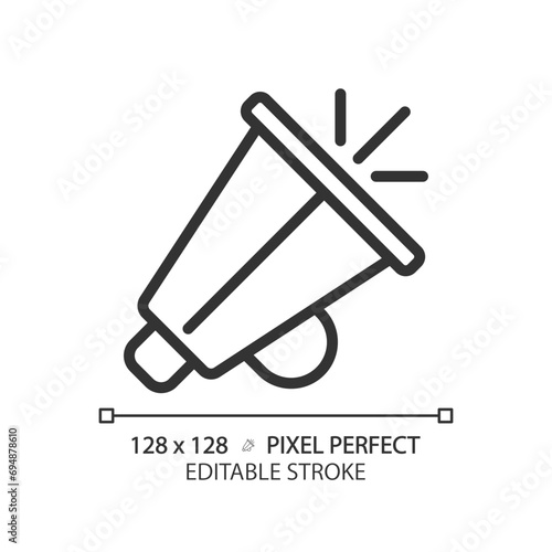 Bullhorn linear icon. Motivational speeches. Cheer megaphone. American football cheerleader. Team support. Thin line illustration. Contour symbol. Vector outline drawing. Editable stroke