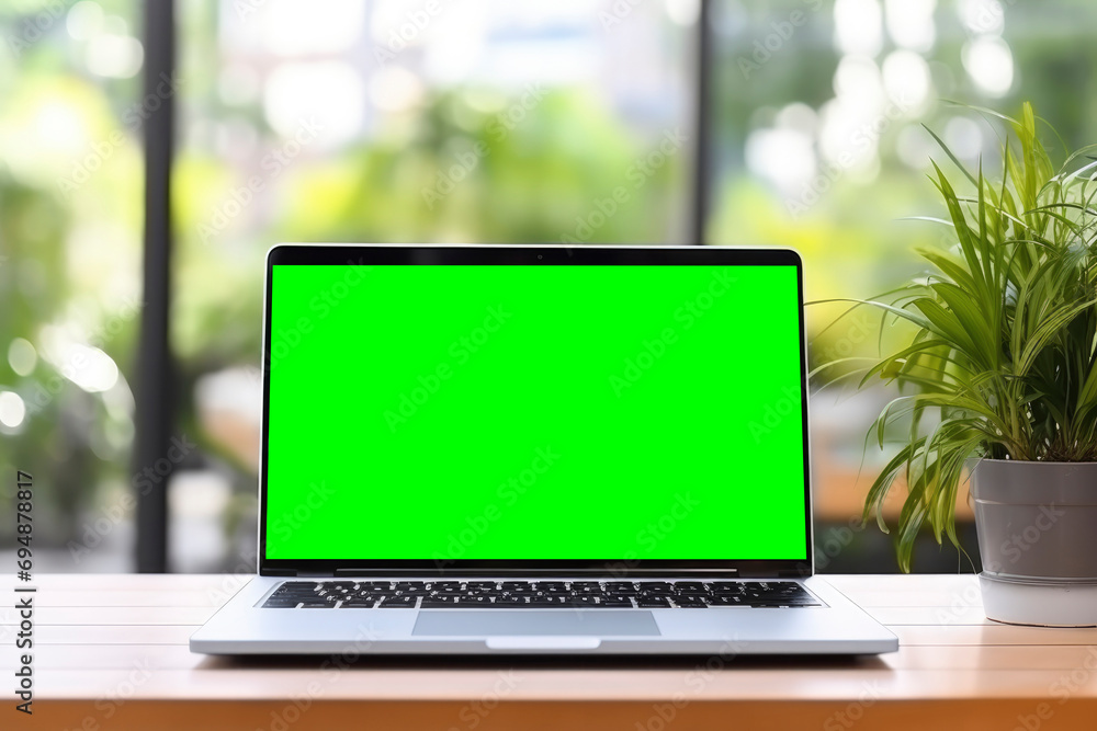A modern laptop stands on a table with a green screen. Mockup for your advertising on a monitor, laptop against a blurred background of an office, coworking space, cafe A modern laptop stands on a table with a green screen. Mockup for your advertising on a monitor, laptop against a blurred background of an office, coworking space, cafe