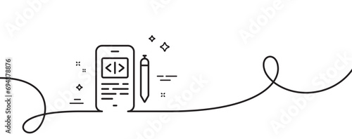 Phone code line icon. Continuous one line with curl. Smartphone app sign. Cellphone mobile device symbol. Phone code single outline ribbon. Loop curve pattern. Vector