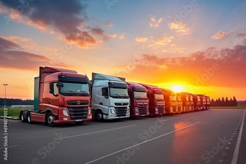 Road freight transportation. Multi-colored heavy-duty trucks are parked against the sunset sky. Concept for transporting cargo, products, logistics, transport company, shipping, business