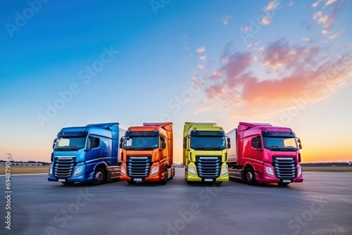 Road freight transportation. Multi-colored heavy-duty trucks are parked against the sunset sky. Concept for transporting cargo, products, logistics, transport company, shipping, business photo