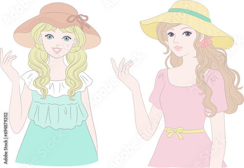 Girl in hat pointing her finger aside