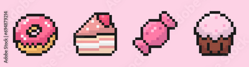 sweets pixel art set of icons, vintage, 8 bit, 80s, 90s games, computer arcade game items, donut, cake, candy, cupcake, vector illustration