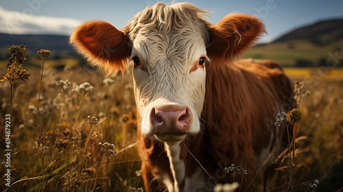 Well-groomed cow in the field.Farm life. Cow in the pasture