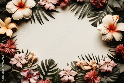 Hibiscus and plumeria frangipani tropical flower frame with palm leaves on a white background.