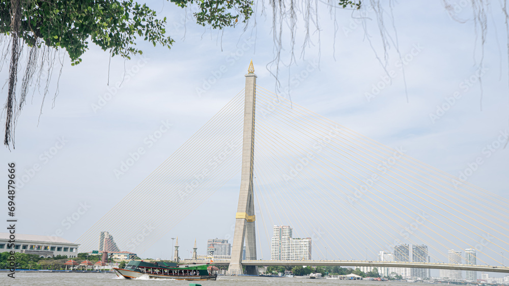 Photos of the location of Rama VIII Bridge, Bridge over the Chao Phraya River. In the heart of Bangkok Along the shore there is an express pier or pub