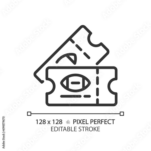 American football tickets linear icon. Access to football match. Admission passes to sport event. Fan experience. Thin line illustration. Contour symbol. Vector outline drawing. Editable stroke