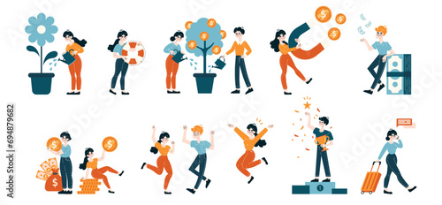 Team Achievement set. Collaborative financial strategies and success celebrations. People nurturing ideas, securing deals, and enjoying profits. Flat vector illustration.