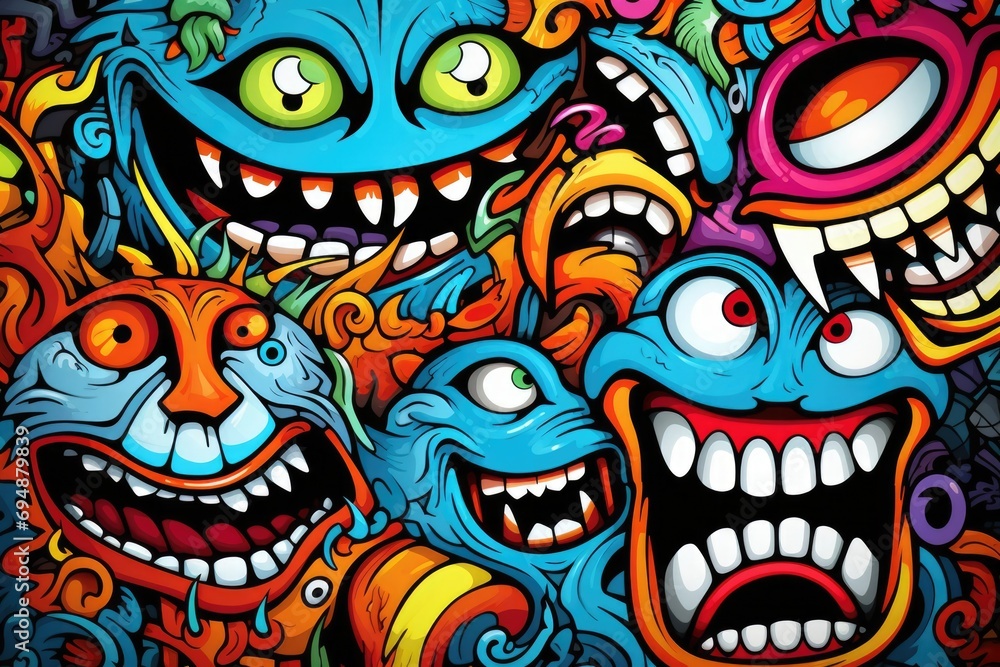 Vibrant and dynamic cartoon sticker background adorned with captivating and expressive graffiti art