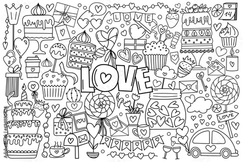 Fototapeta Naklejka Na Ścianę i Meble -  Hand-Drawn Doodle Set In Vector, Featuring A Stress-Relief Coloring Page For Valentine'S Day With Hearts, Candies, And Sweets For February 14, Is A Cute Coloring Book