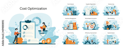Cost Optimization set. Strategic financial management and resource allocation. Streamlining operations, enhancing productivity. Flat vector illustration