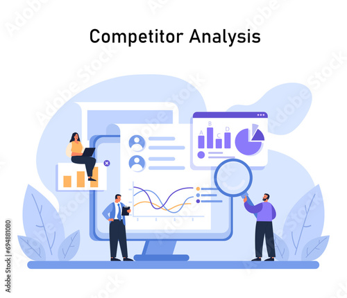 Competitor Analysis graphic. Team meticulously evaluates market trends and rival strategies, using analytics to inform their design decisions. Flat vector illustration