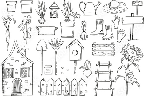 Hand-Drawn Doodle Set In Vector Features A Stress-Relief Coloring Page With A Garden Theme, Including A Small House, Fence, Garden Tools, Vegetables, And A Sunflower, Making It A Cute Coloring Book