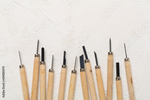 Carpenter tools on concrete background,top view