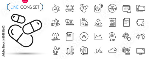 Pack of Talk, Waterproof and Social distancing line icons. Include Document, Report document, Meditation eye pictogram icons. Computer, Fingerprint research, Faq signs. Swipe up. Vector
