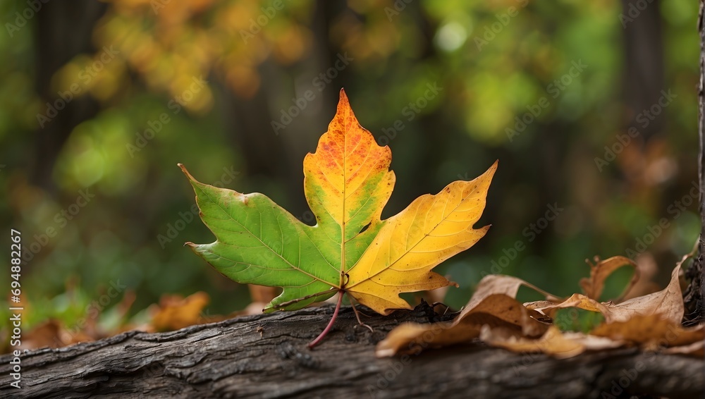 A leaf transitioning from green to autumn colors, denoting the cycle of life. Generative AI A leaf transitioning from green to autumn colors, denoting the cycle of life. Generative AI