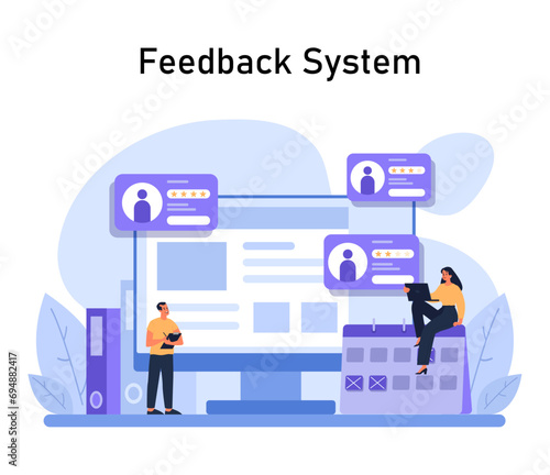 Feedback System concept. Professionals analyzing user ratings and reviews on a digital platform, enhancing customer experience. Continuous improvement strategy. Flat vector illustration.