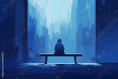 Fotografering Man sitting on a bench in blue world of sadness