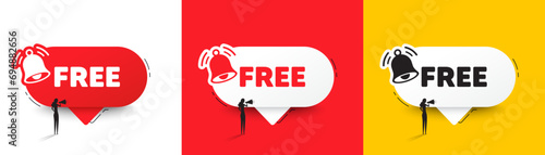 Free tag. Speech bubbles with bell and woman silhouette. Special offer sign. Sale promotion symbol. Free chat speech message. Woman with megaphone. Vector
