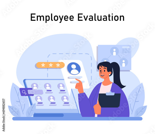 Employee Evaluation concept. A dedicated manager assessing team members through digital profiles, highlighting performance metrics. Efficient workforce management. Flat vector illustration.