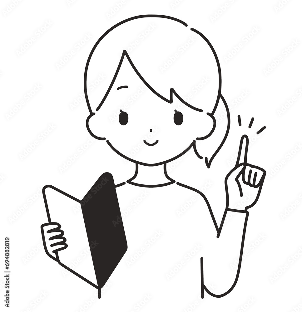 モノクロ｜初心者マークを持つ私服の女性｜指差し