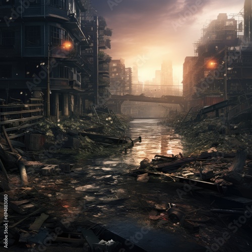 Destroyed city after the war. Dramatic scene of the fuming city, Bombed out and burning, Human suffering for war Ai generated