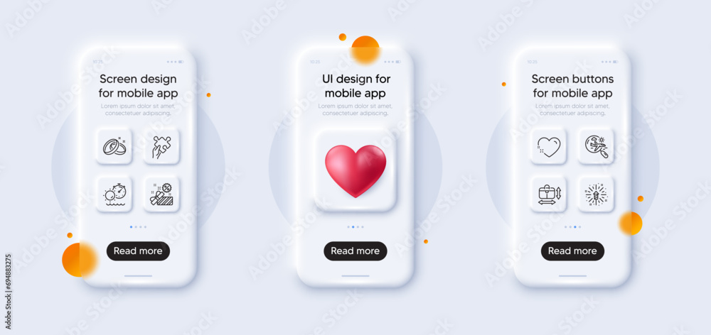Puzzle, Tanning time and Search flight line icons pack. 3d phone mockups with heart. Glass smartphone screen. Handbag size, Heart, Wedding rings web icon. Fireworks explosion, Sale pictogram. Vector Puzzle, Tanning time and Search flight line icons pack. 3d phone mockups with heart. Glass smartphone screen. Handbag size, Heart, Wedding rings web icon. Fireworks explosion, Sale pictogram. Vector