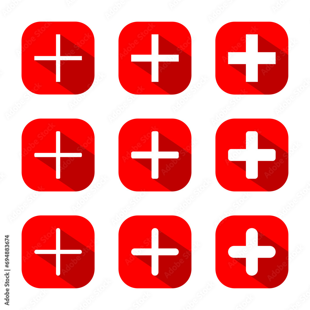 Obraz premium Add icon set collection on red square. Plus button vector with long shadow
