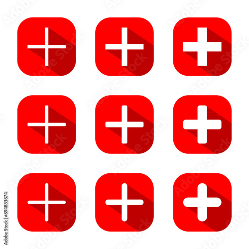 Add icon set collection on red square. Plus button vector with long shadow