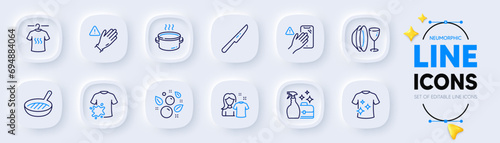 Clean t-shirt, Table knife and Dish plate line icons for web app. Pack of Clean shirt, Saucepan, Cleanser spray pictogram icons. Grill pan, Dry t-shirt, Use gloves signs. Dont touch. Vector
