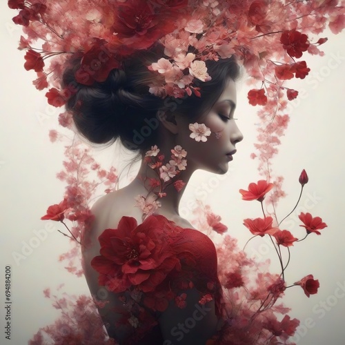 Ethereal woman in red with flowers photo