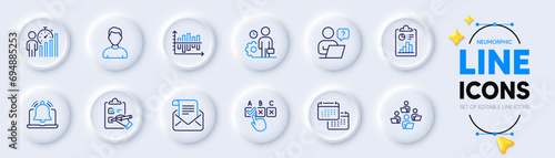 Teamwork, Checklist and Online question line icons for web app. Pack of Correct checkbox, Reminder, Report pictogram icons. Mail newsletter, Headshot, Diagram chart signs. Calendar. Vector