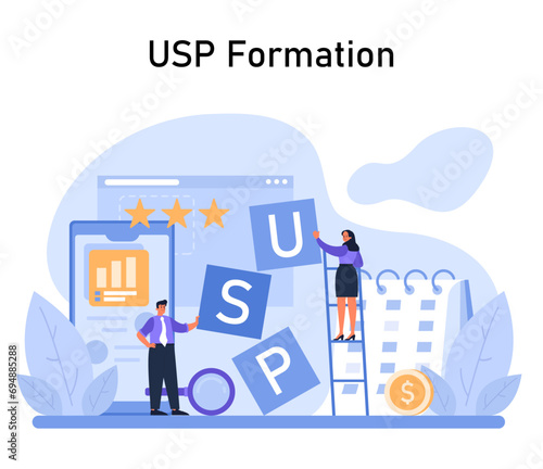 USP Formation concept. Professionals assembling unique selling proposition elements for standout market presence, emphasizing brand excellence. Strategic marketing. Flat vector illustration