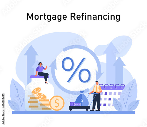Mortgage Refinancing concept. Homeowners navigate interest rate changes, seeking better loan terms while visualizing potential savings. Smart financial move. Flat vector illustration.