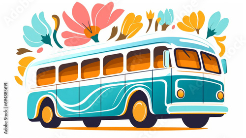 Floral bus illustration in naive styles. Colorful transport in flowers and plants.