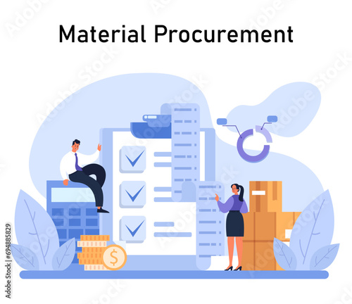 Material Procurement process concept. Experts manage inventory and costs with thorough checks and balances. Supply chain efficiency in action. Flat vector illustration