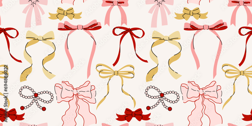 Seamless pattern with various cartoon bow knots, gift ribbons. Trendy hair braiding accessory. Hand drawn vector illustration. Valentine's day background. - obrazy, fototapety, plakaty 