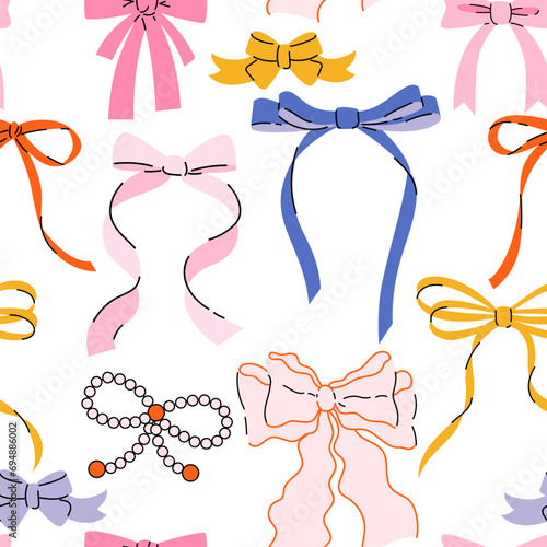Seamless pattern with various cartoon bow knots, gift ribbons. Trendy hair braiding accessory. Hand drawn vector illustration. Valentine's day background.