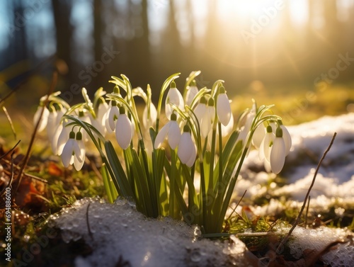 A group of snowdrops are in the snow