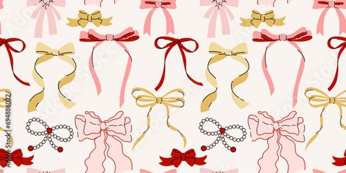 Seamless pattern with various cartoon bow knots, gift ribbons. Trendy hair braiding accessory. Hand drawn vector illustration. Valentine's day background. © Radiocat