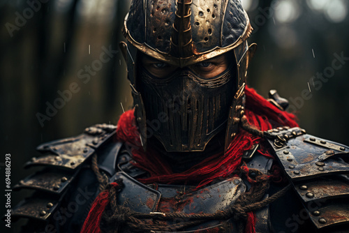 Historical warrior portrait, samurai with a menacing mempo mask, traditional armor photo