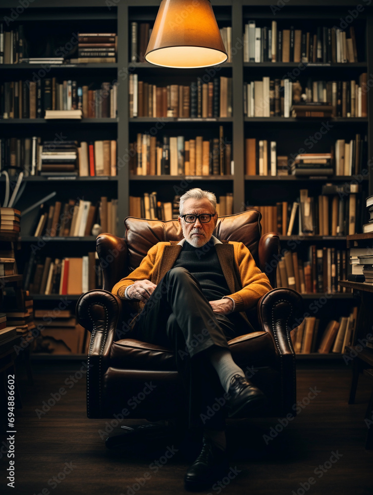 
Introspective portrait of a literary genius, surrounded by towering bookshelves, warm ambient light, leather armchair, reading glasses in hand