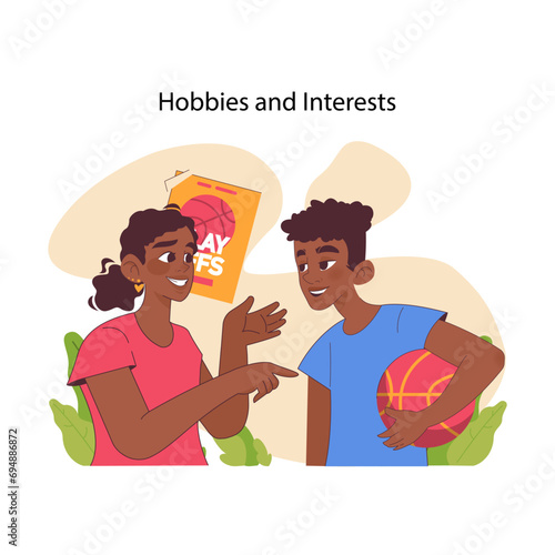 Hobbies and Interests concept. Teenage girl and boy sharing a love for basketball. Casual discussion of sports passion. Friendship and leisure activities theme. Flat vector illustration.