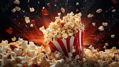 Bucket of cinema popcorn in a red and white box with exploding popcorn pieces. Movie time theme concept photo