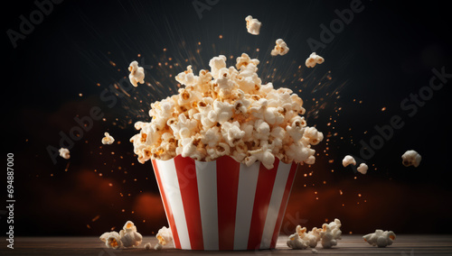 Bucket of cinema popcorn in a red and white box with exploding popcorn pieces. Movie time theme concept © MD Media