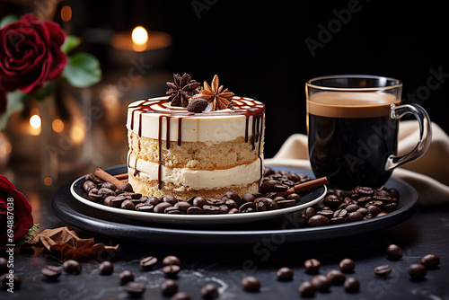 The delightful combination of coffee and a sweet treat, dessert with a steaming cup of coffee