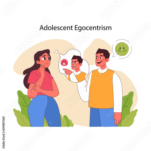 Adolescent Egocentrism concept. Illustration of a self absorbed teen boy ignoring a worried girl, showcasing the challenges of teenage social dynamics. Flat vector illustration