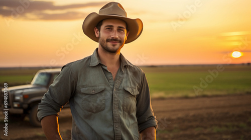 Rural politician's portrait, farmland horizon, sunset, worn hat, denim shirt, leather boots, relaxed posture