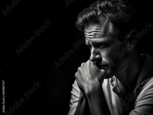Solemn portrait of a thinker in a minimalist setting, stark contrast between the subject and the void-like background